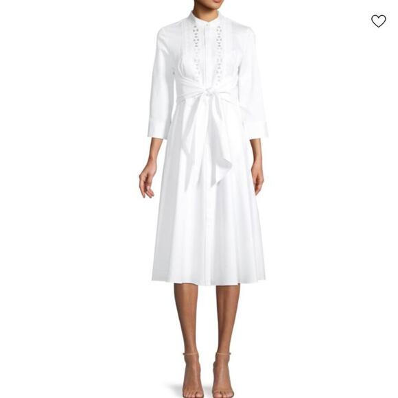 Elie Tahari Ann Tie Poplin 3/4 Sleeve Clean Cut Midi Dress White Size 2 $448 - Picture 1 of 13